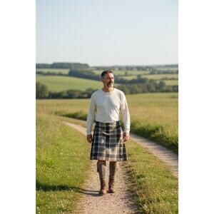 Vintage JAMES PRINGLE Holm Woolen Mills 8 Beige Plaid Wool Kilt Skirt Scotland